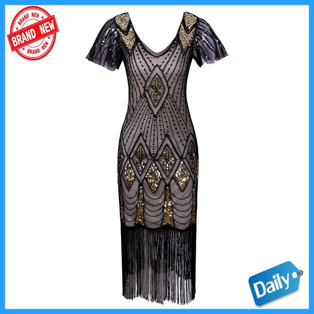 Sequin Beaded Long Fringe Flapper Dress with Sleeves Gatsby Party
